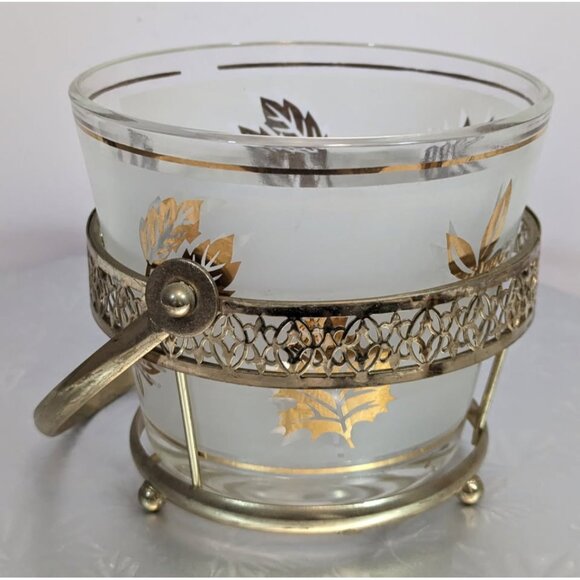 Libbey Pilsner Glasses & Ice Bucket - Frosted With Golden Leaves - Set of 5 - Picture 3 of 7